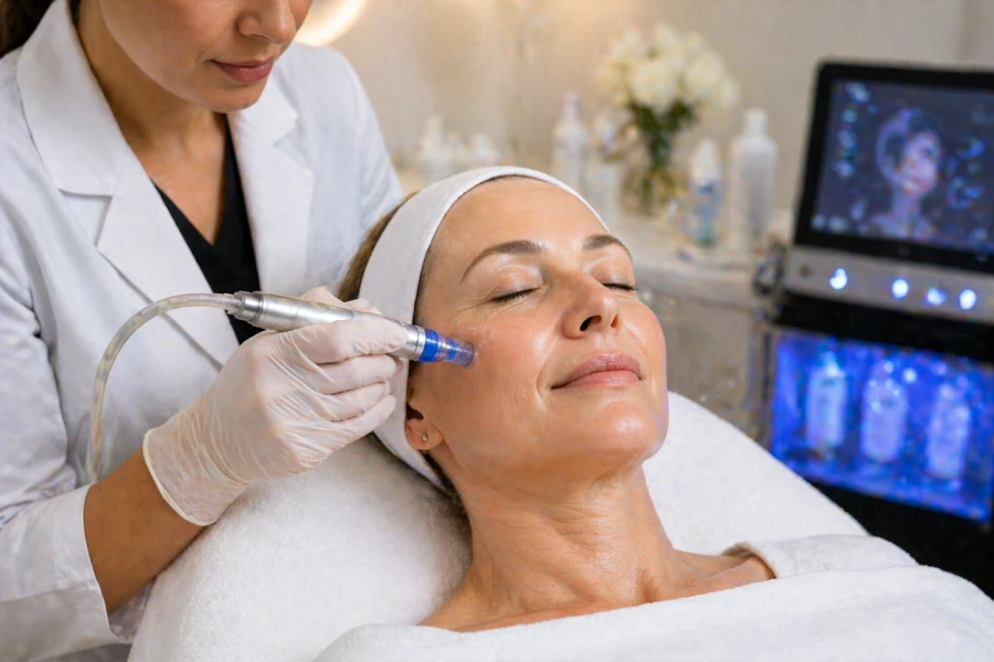 Licensed esthetician performing a professional anti-aging facial treatment on a mature female client in a modern clinical spa treatment room