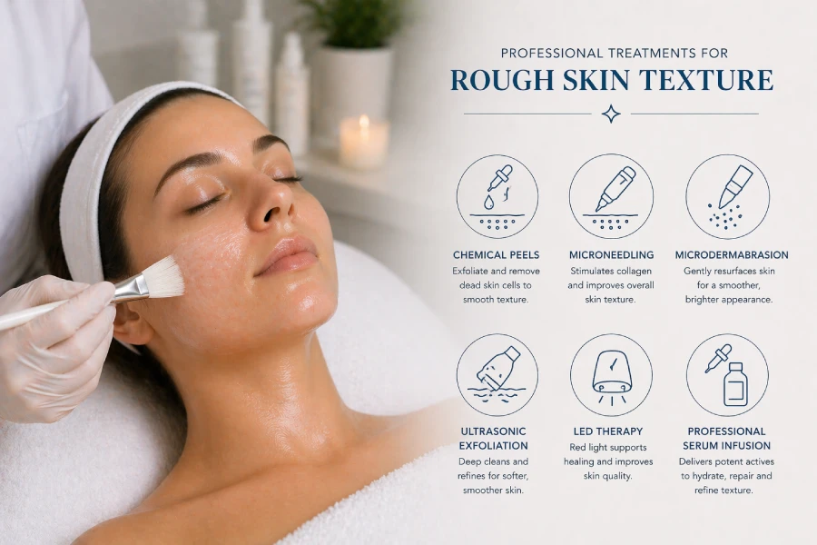 Licensed esthetician performing professional exfoliation treatment on a client with rough skin texture in a clean clinical treatment room