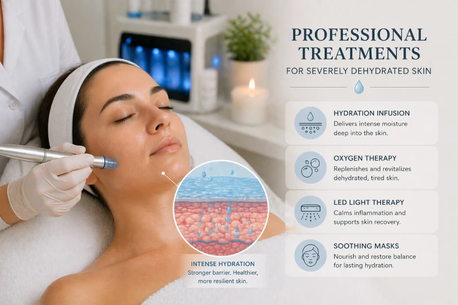 Professional esthetician applying a layered hydration serum to a client with visibly dehydrated skin in a clean clinical treatment room