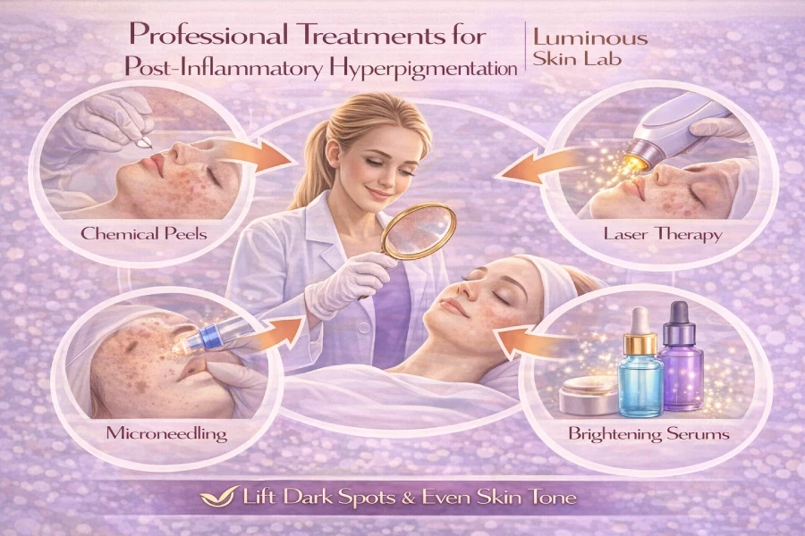 Esthetician applying a professional treatment serum to a client with post-inflammatory hyperpigmentation marks on cheeks and jawline in a clean clinical treatment room