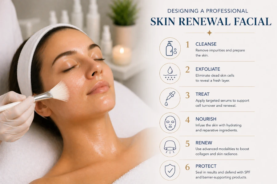Professional skin renewal facial with exfoliation, infusion, and hydration recovery steps