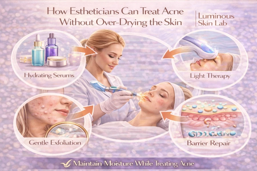 A licensed esthetician applying a calming treatment mask to a client with acne-prone skin in a professional clinical treatment room setting.