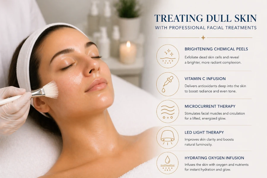 Treating dull skin with professional facial treatments using exfoliation, hydration, and skin-radiance support