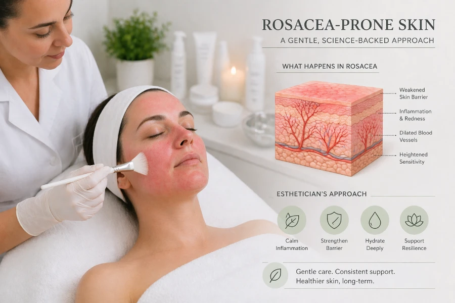 Esthetician applying a calming gel mask to a client with visible facial redness in a clinical treatment room