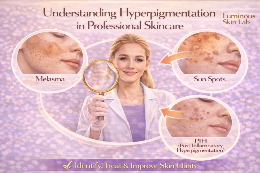 Esthetician performing a skin analysis on a client with visible hyperpigmentation during a professional facial consultation