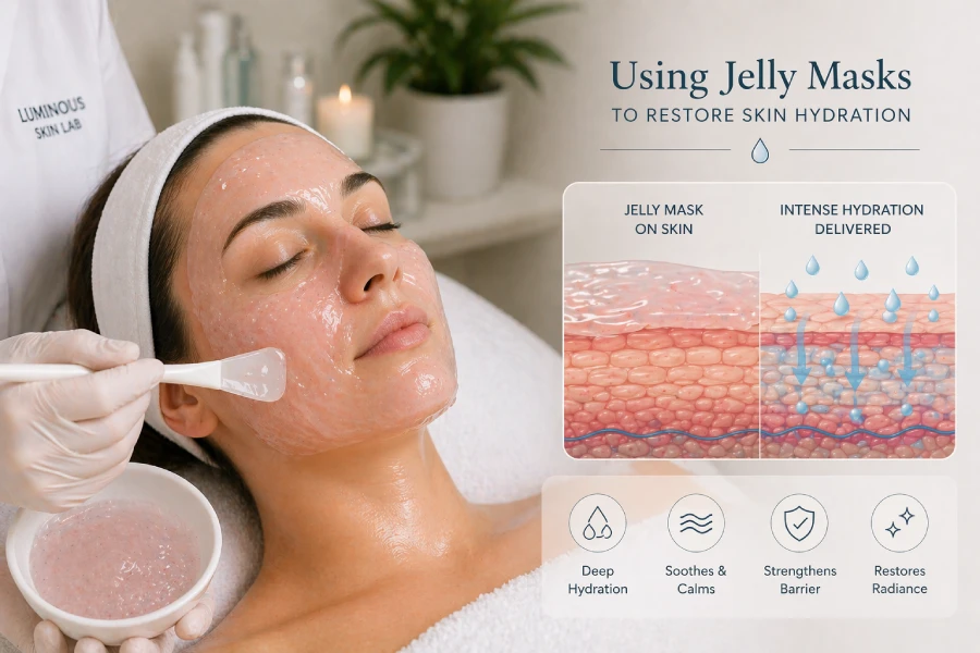 Esthetician applying a professional jelly mask to a client lying on a treatment table in a clean, professional facial room