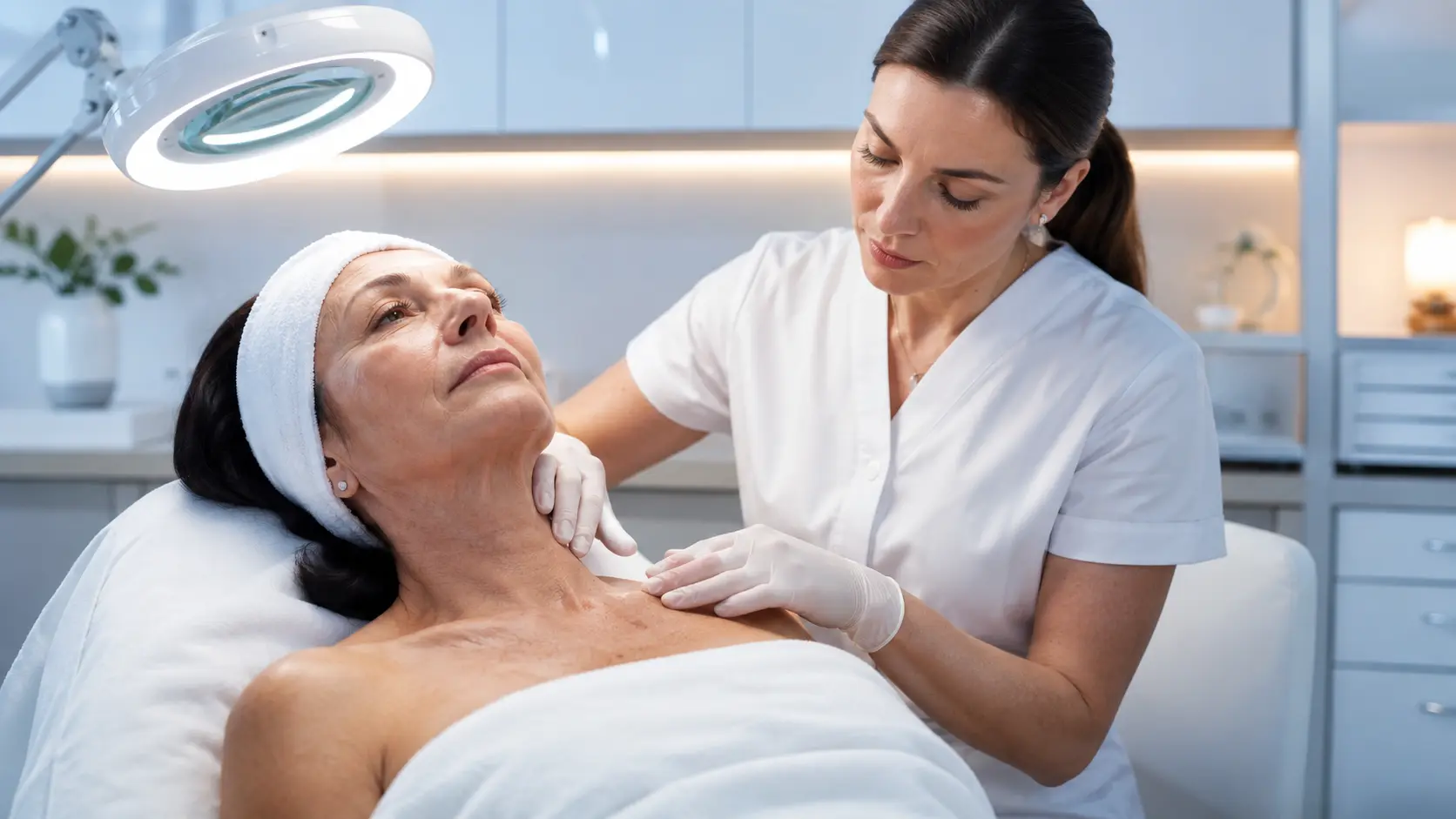 Esthetician assessing crepey skin texture on a client&rsquo;s d&eacute;collet&eacute; in a professional treatment room