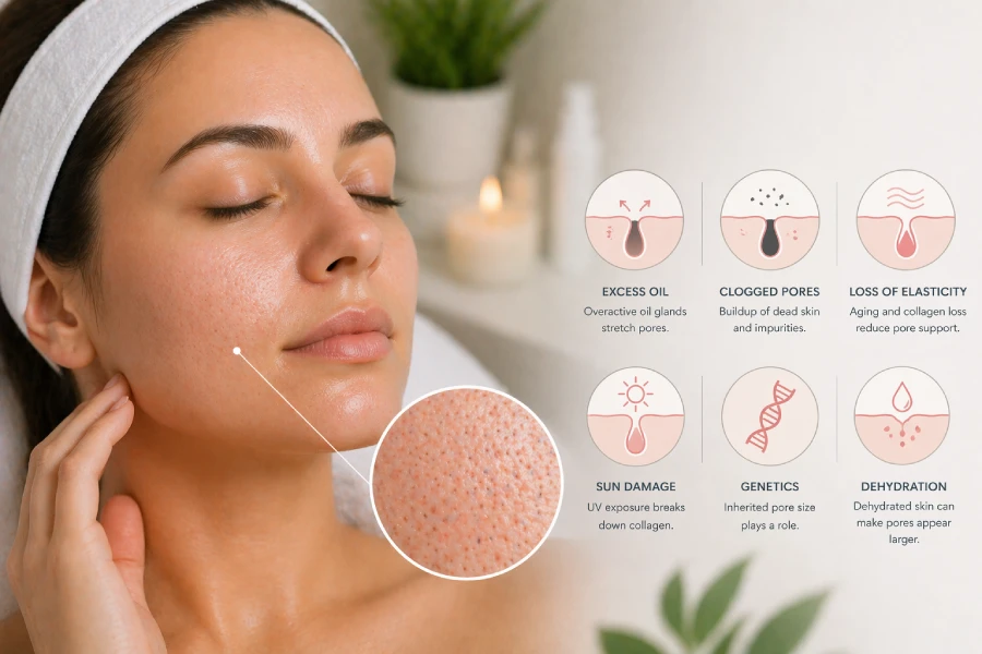 Why some clients struggle with enlarged pores including sebum production, collagen loss, and texture-focused skincare support