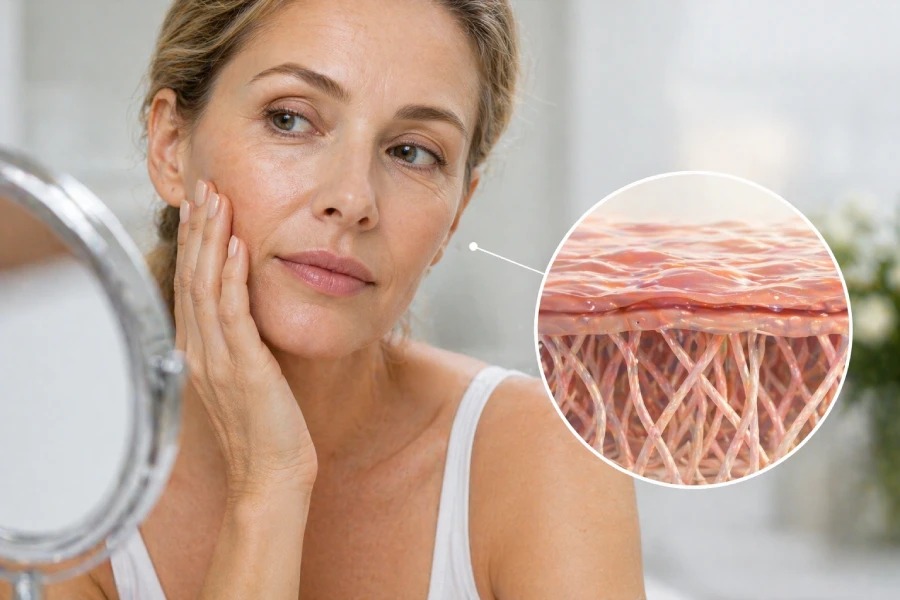 Why collagen loss happens with age including fibroblast slowdown, reduced skin elasticity, and visible collagen degradation