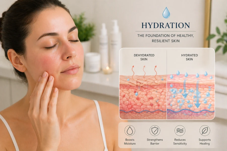 Esthetician applying a calming hydration mask to a client with sensitive, reactive skin in a professional treatment room.