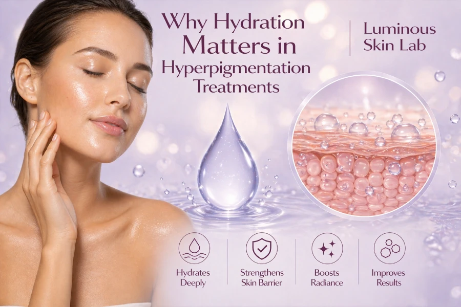 Esthetician applying hydration mask to client during hyperpigmentation facial treatment in a professional spa treatment room