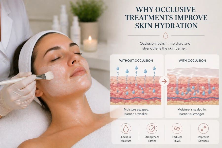 Esthetician applying occlusive jelly mask to client with dehydrated skin in a professional spa treatment room