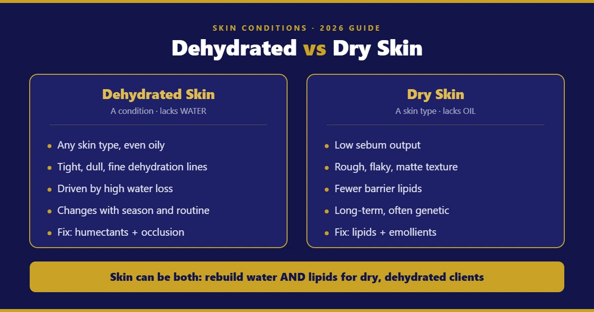 Diagram comparing dehydrated skin, which lacks water, with dry skin, which lacks oil, and the treatment focus for each