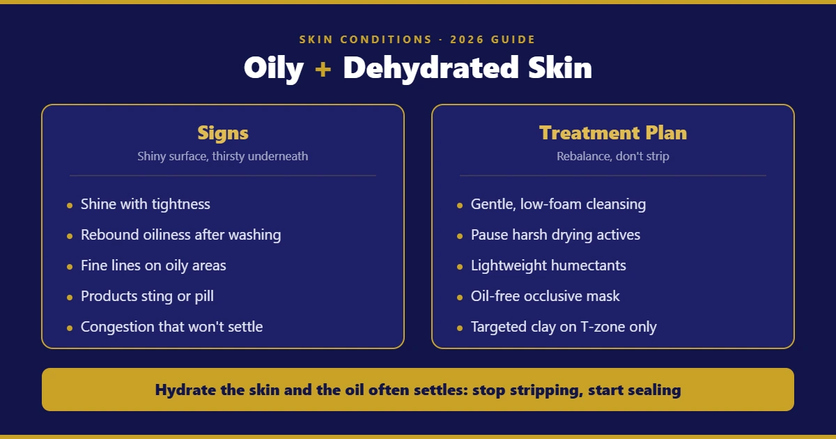 Diagram showing what oily dehydrated skin looks like and the professional treatment plan to rebalance it