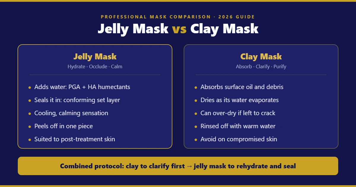 Diagram comparing a professional jelly mask and a clay mask: jelly masks add and seal water, cool and peel off; clay masks absorb oil, dry as water evaporates and rinse off