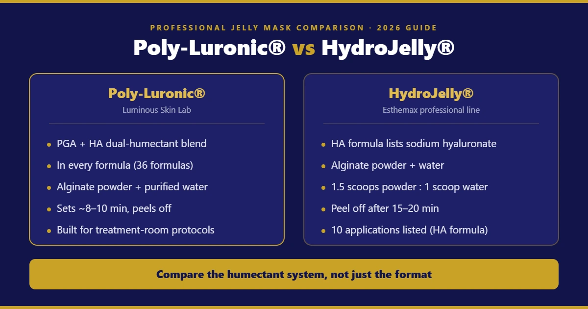 Comparison diagram of the Poly-Luronic PGA plus HA jelly mask system by Luminous Skin Lab and the Esthemax HydroJelly professional mask line
