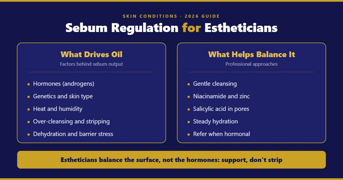 Diagram of what drives sebum production and the professional approaches estheticians use to help balance oil