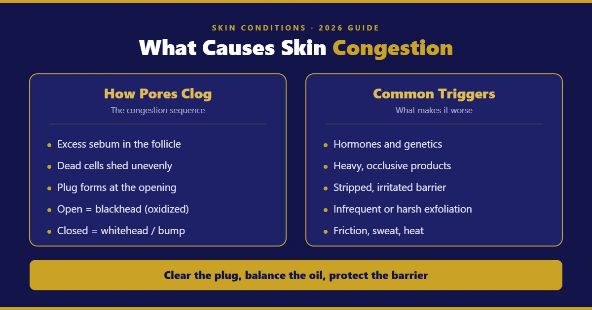 Diagram of how skin congestion forms, from excess sebum and uneven cell shedding to blackheads and closed comedones, with common triggers